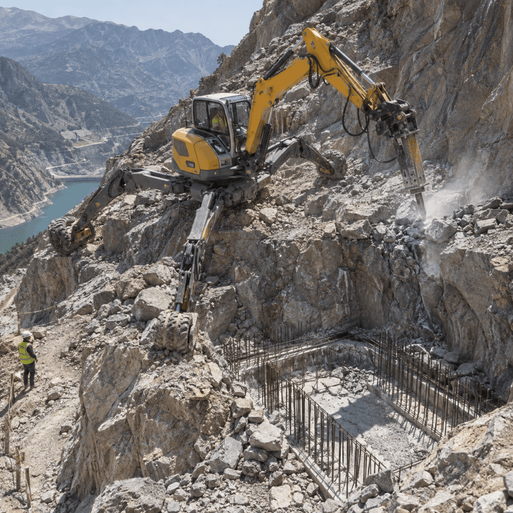 Excavación en roca con retroaraña y martillo hidráulico